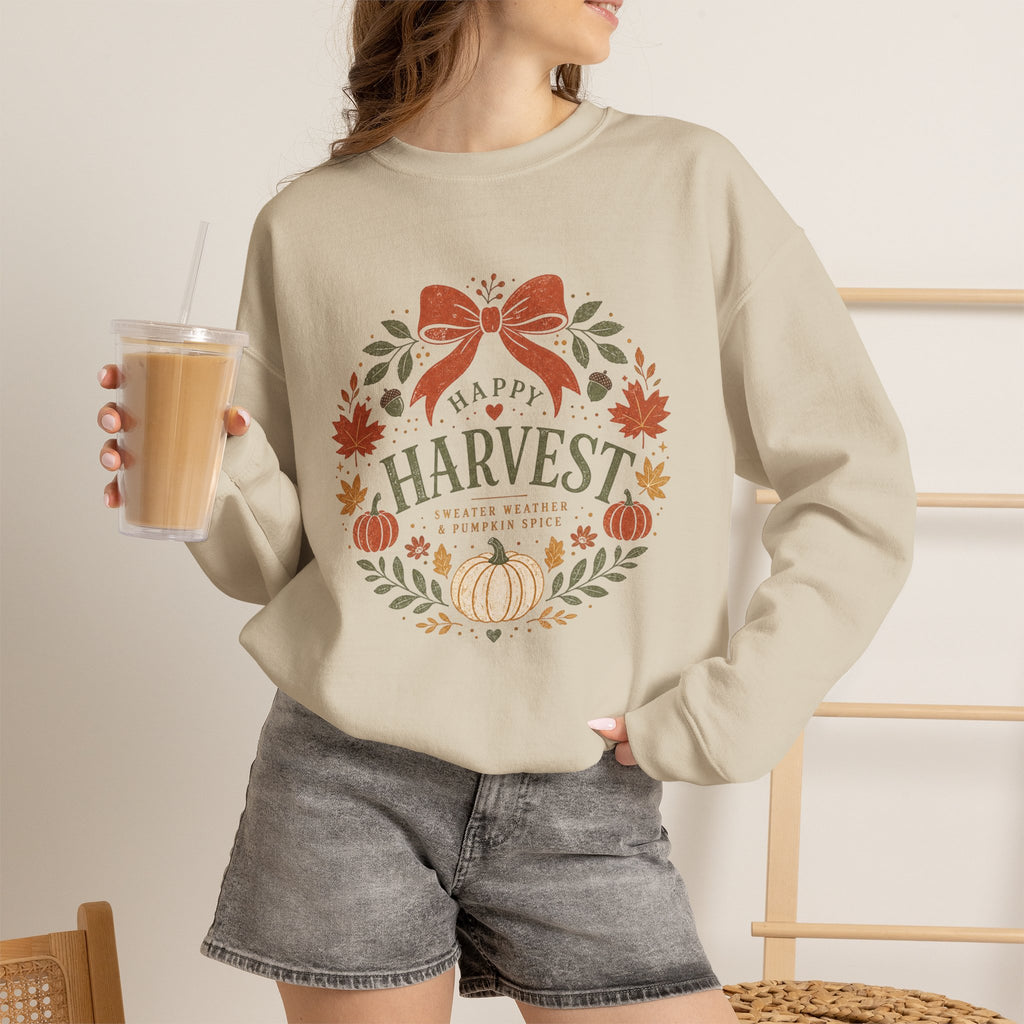 Happy Harvest wreath Crewneck sweatshirt | Fall pumpkin leaves bow