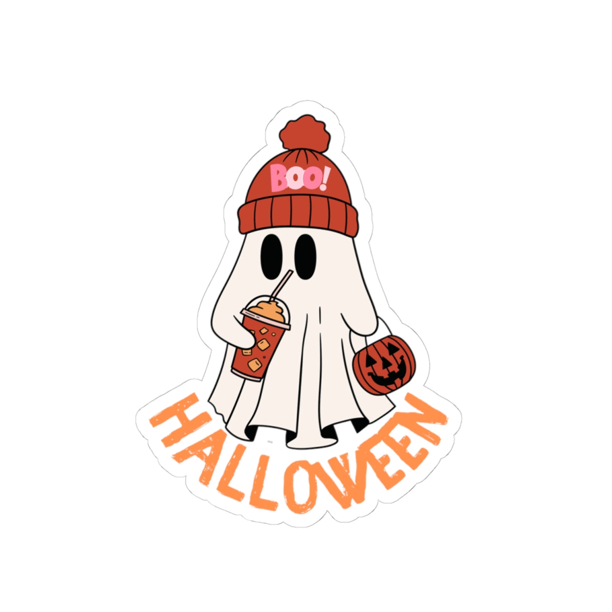 Cute Ghost with Pumpkin and Drink Sticker | Halloween Kiss-Cut Sticker