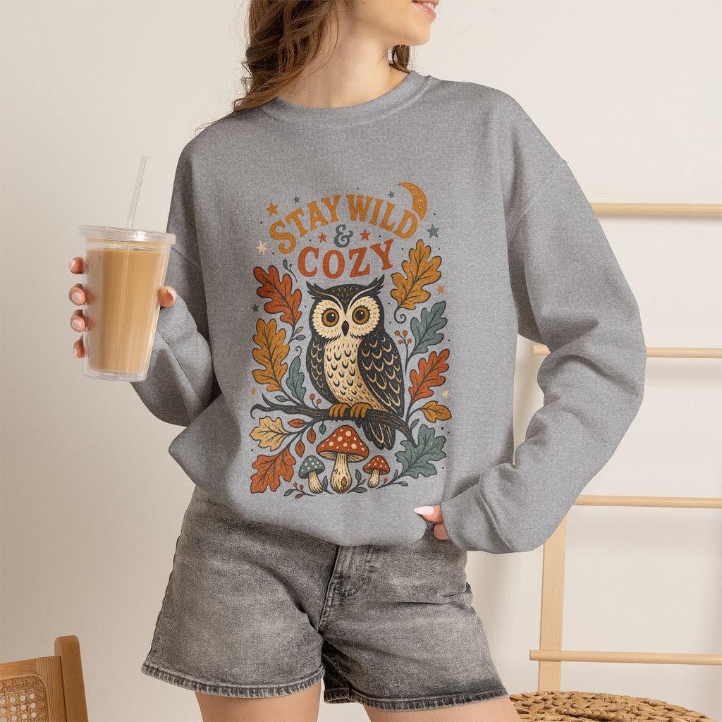 Stay Wild & Cozy Owl Sweatshirt | Autumn Leaves, Mushrooms