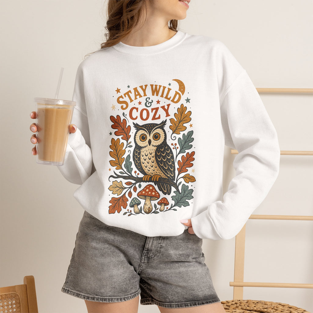 Stay Wild & Cozy Owl Sweatshirt | Autumn Leaves, Mushrooms