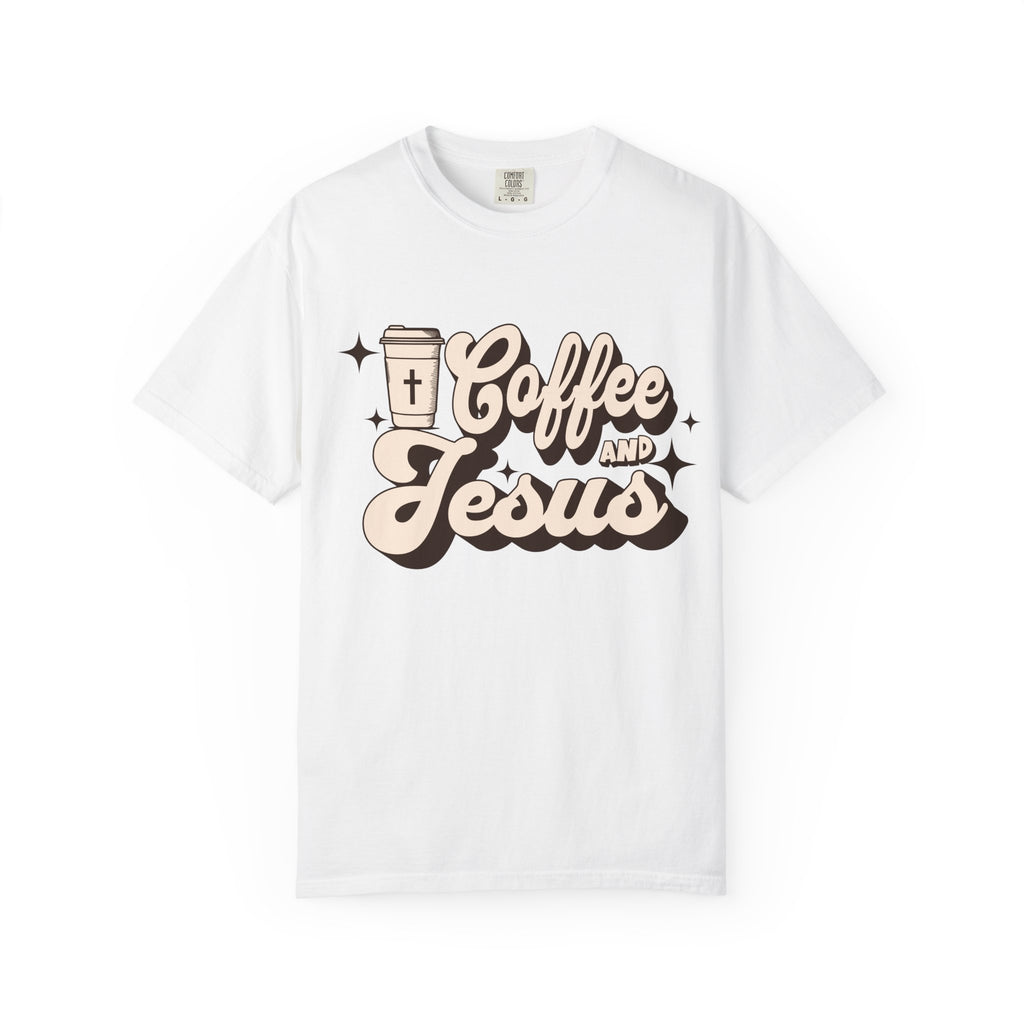 Coffee and Jesus T-shirt | Christian Retro Script Design COMFORT COLORS