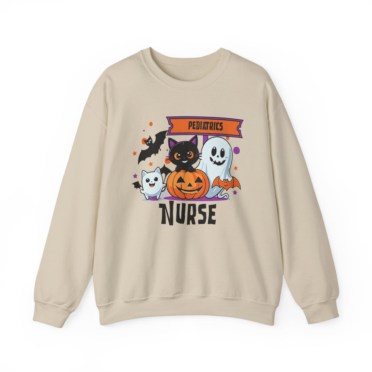 Pediatrics Halloween Nurse Sweatshirt | Cute Ghosts, Cat & Pumpkin