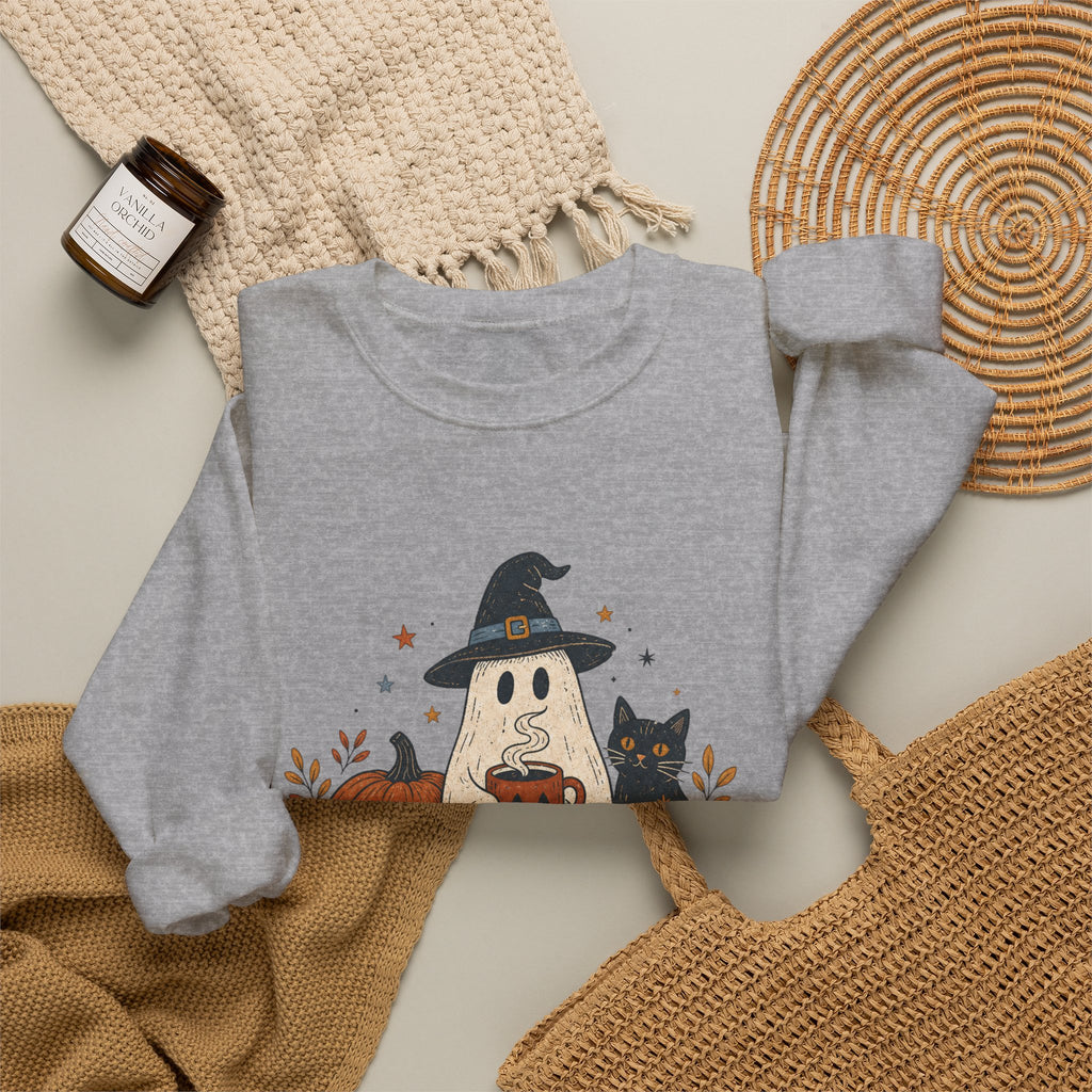 Cute Ghost with Witch Hat Sweatshirt | Halloween Pumpkin Black Cat Crewneck