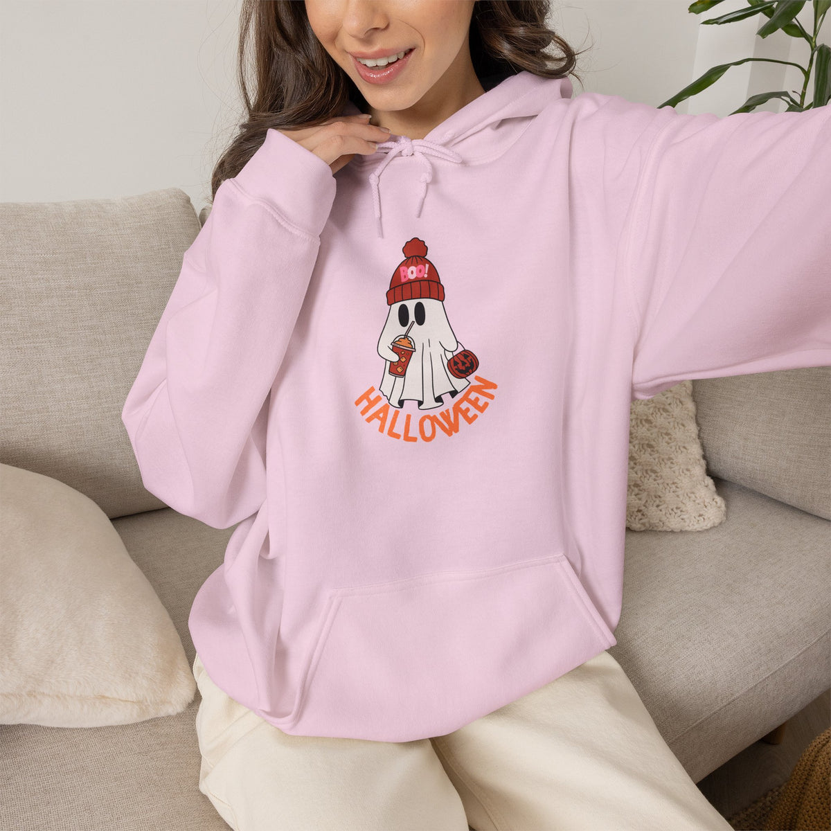 Cute Ghost in Beanie Halloween Hoodie | Retro Boo Cool coffee drinking trick or treat Pumpkin Design