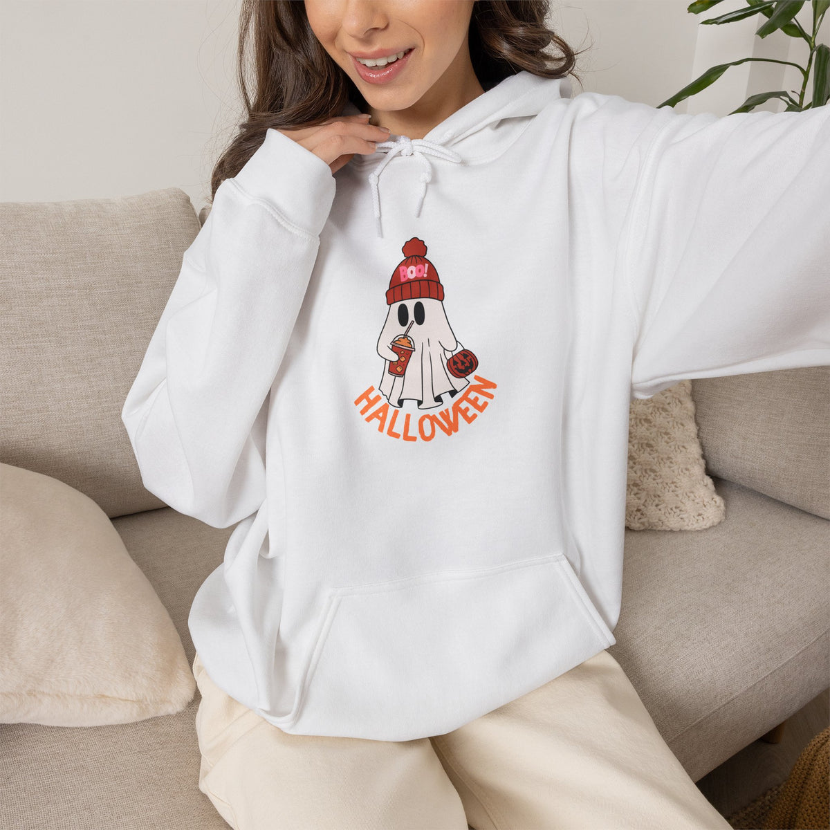 Cute Ghost in Beanie Halloween Hoodie | Retro Boo Cool coffee drinking trick or treat Pumpkin Design
