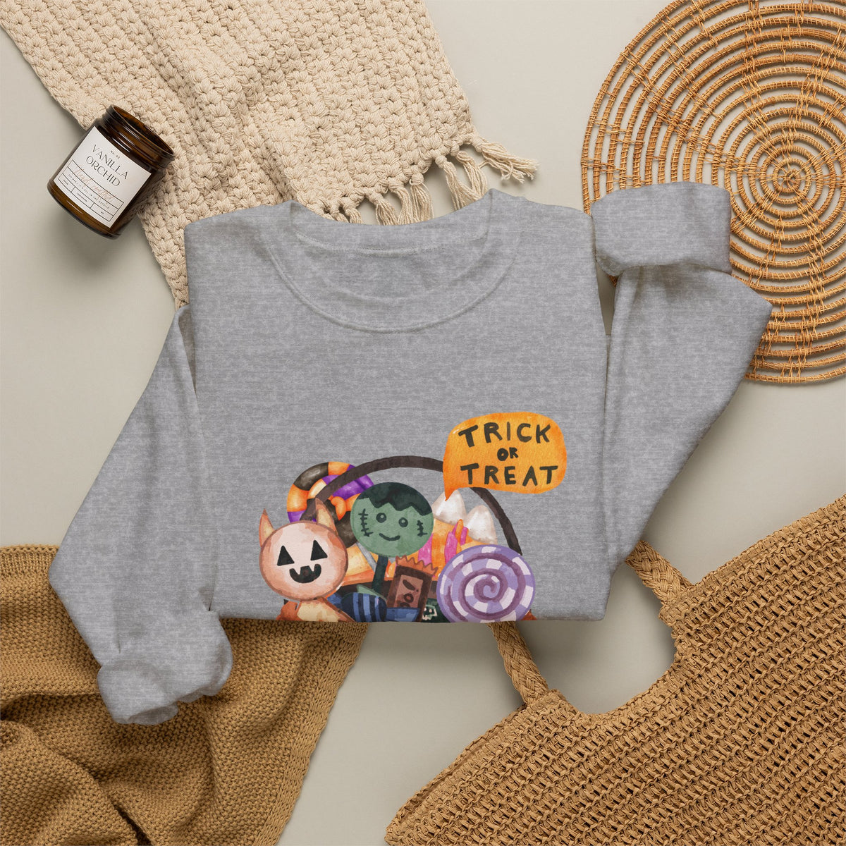 Halloween Pumpkin Candy Crewneck Sweatshirt — Trick or Treat Jack-O-Lantern Design