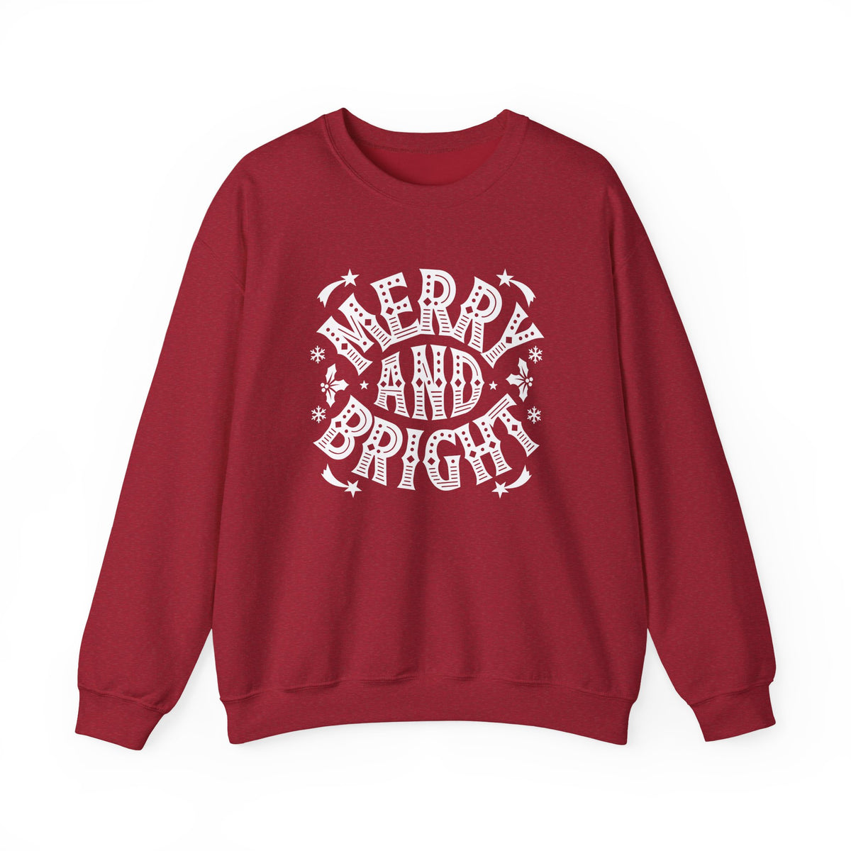 Christmas Sweatshirt Merry and Bright | Vintage Style Typography Holiday Crewneck Snowflakes Stars