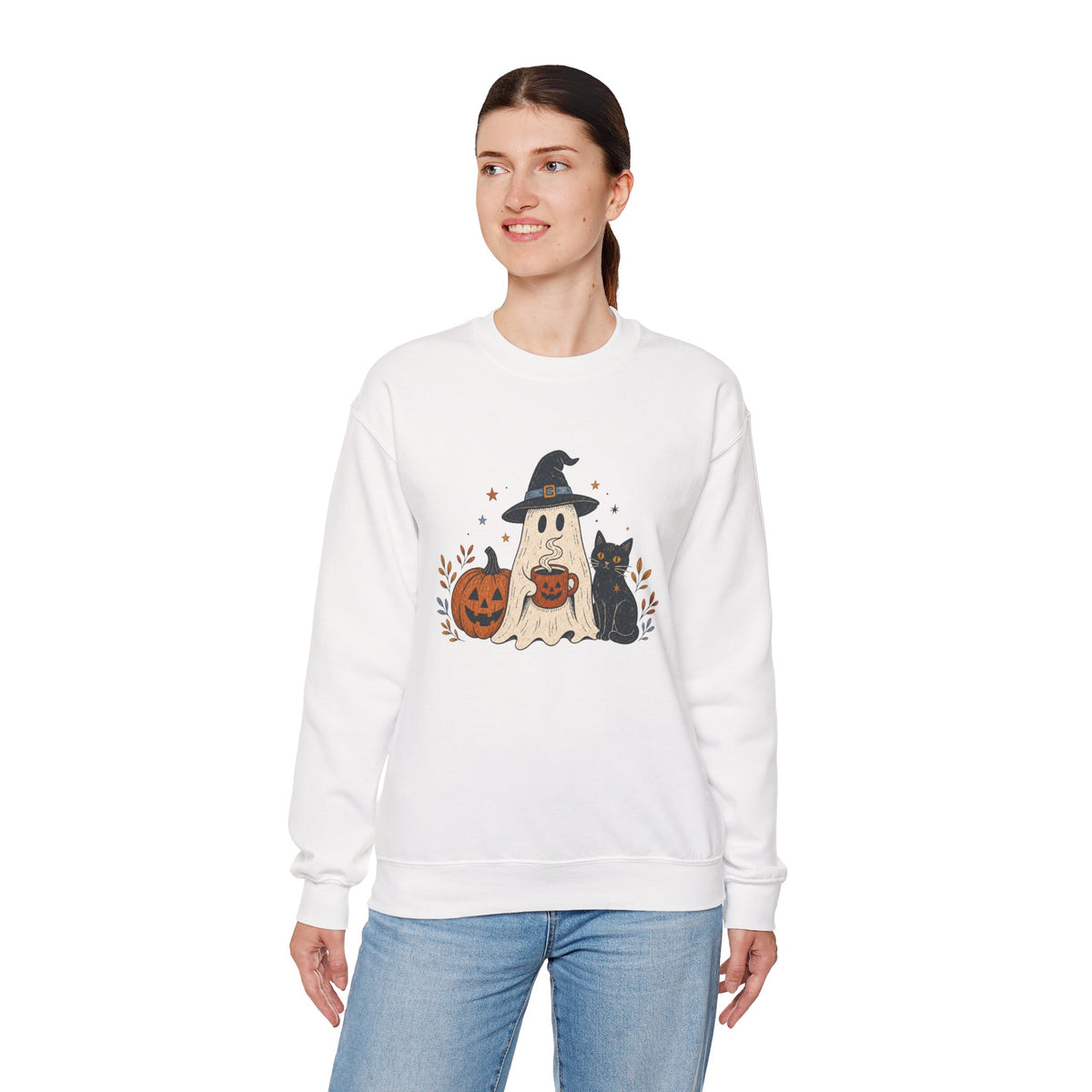 Cute Ghost with Witch Hat Sweatshirt | Halloween Pumpkin Black Cat Crewneck