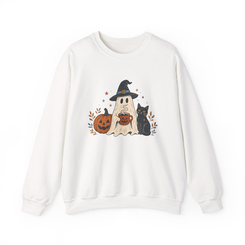 Cute Ghost with Witch Hat Sweatshirt | Halloween Pumpkin Black Cat Crewneck