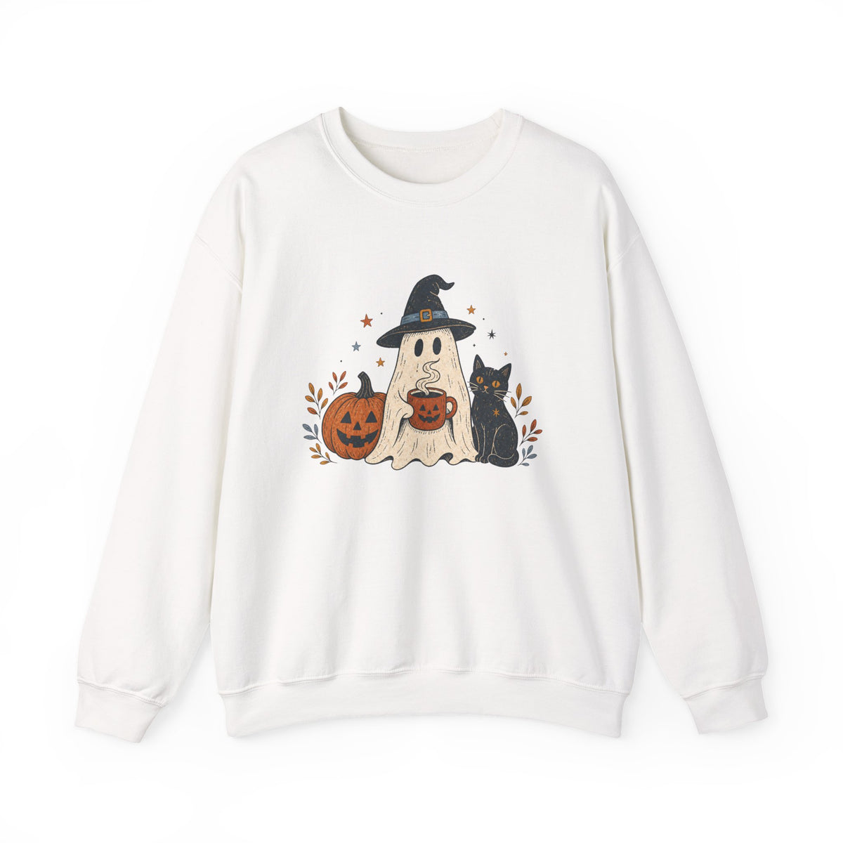 Cute Ghost with Witch Hat Sweatshirt | Halloween Pumpkin Black Cat Crewneck
