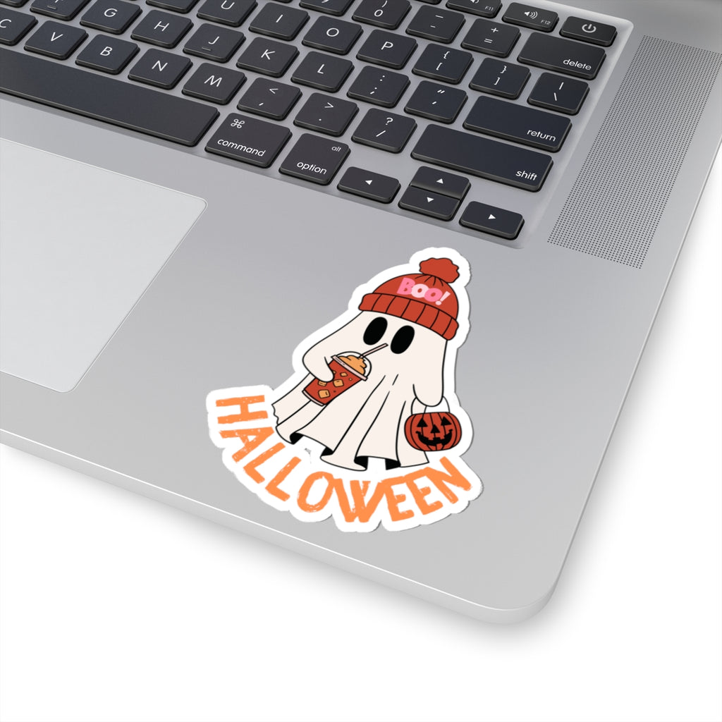 Cute Ghost with Pumpkin and Drink Sticker | Halloween Kiss-Cut Sticker