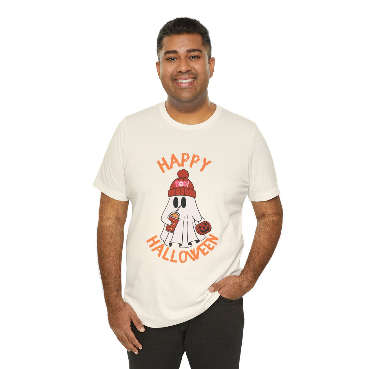 Cute Ghost Wearing Beanie Happy Halloween Tee | Halloween Shirt