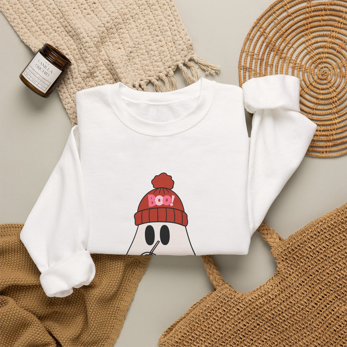 Cute Ghost wearing BOO beanie with iced coffee and trick or treat pumpkin Halloween Sweatshirt