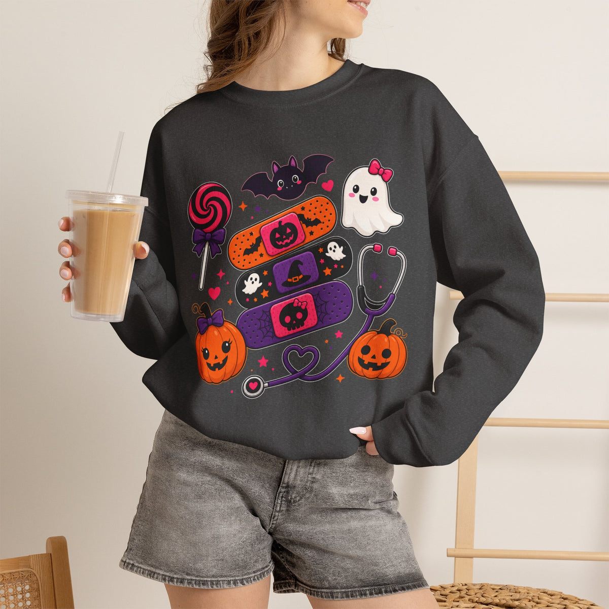 Nurse Halloween Sweatshirt Pediatrics Candy Bandaids Stethoscope Pumpkin Ghosts Bat | Medical Cute