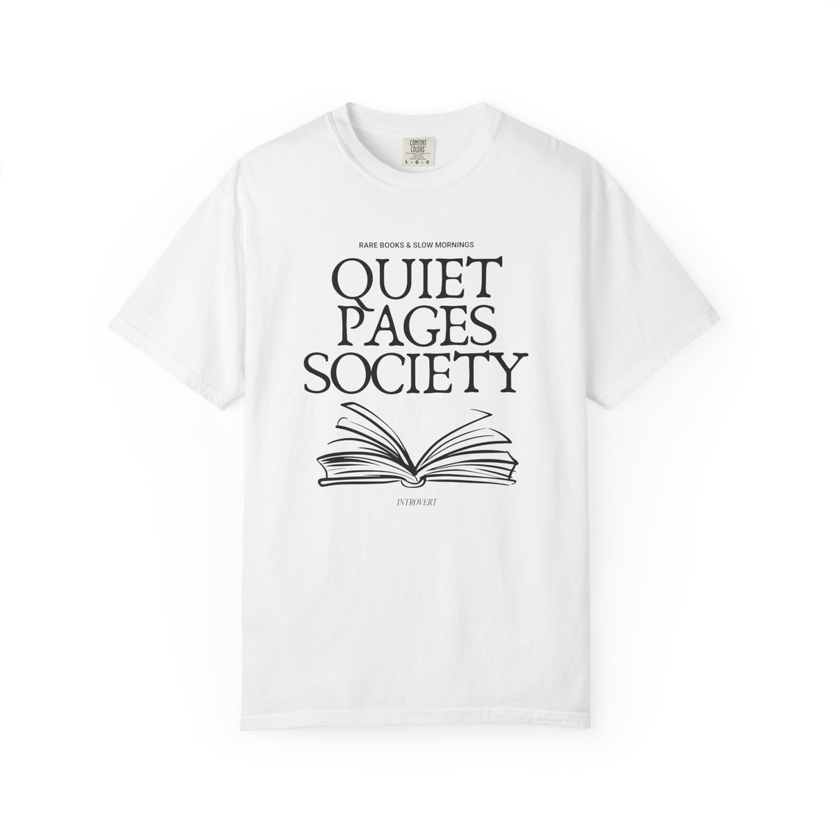 Quiet Pages Society Comfort Colors T-shirt | Open Book Illustration, Literary Reading Club Tee