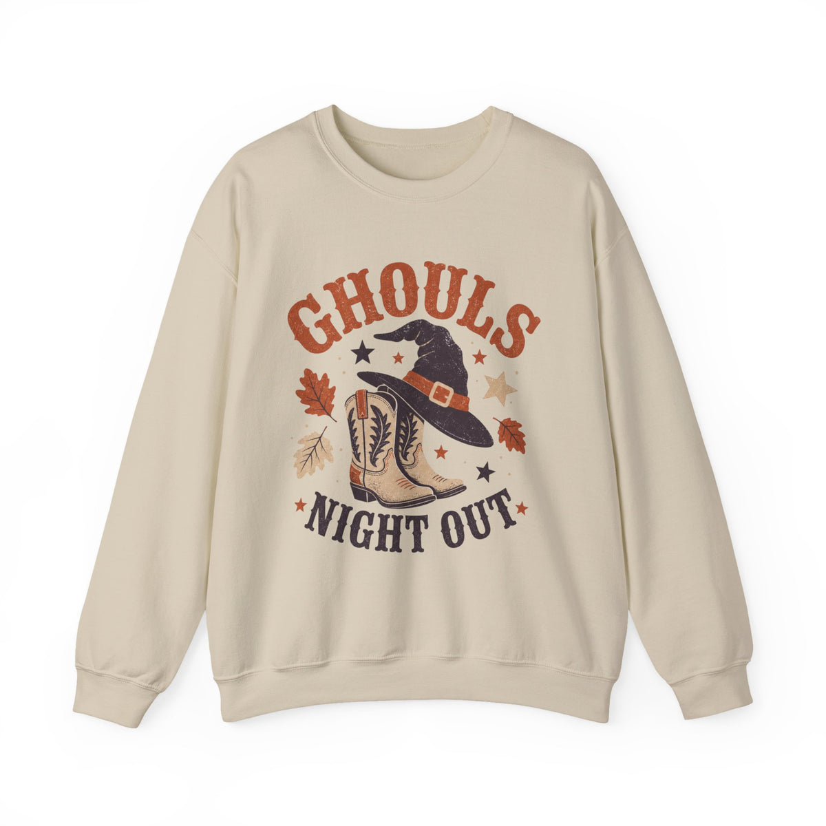 Ghouls Night Out Sweatshirt | Witch Hat & Western Cowboy Boots Halloween Crewneck