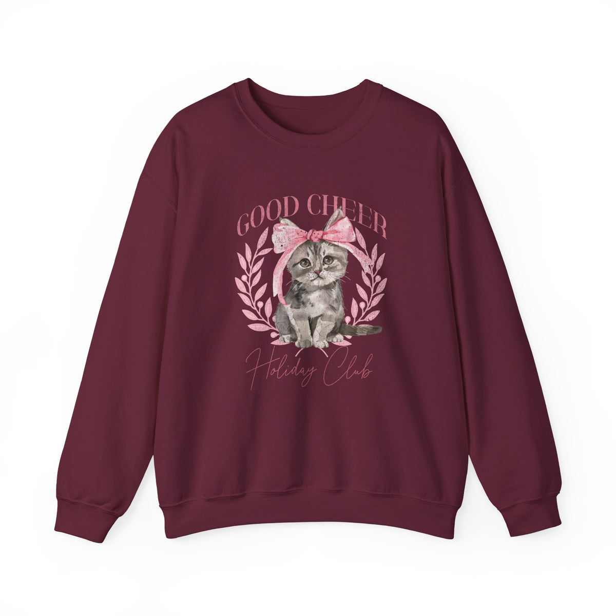 Christmas Kitten Sweatshirt | Cute Cat Illustration, Good Cheer Holiday Club Pink Coquette Style