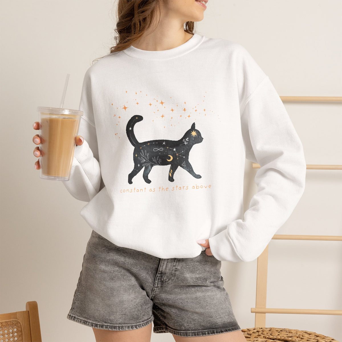 Halloween Sweatshirt | Black Cat Celestial Stars Illustration