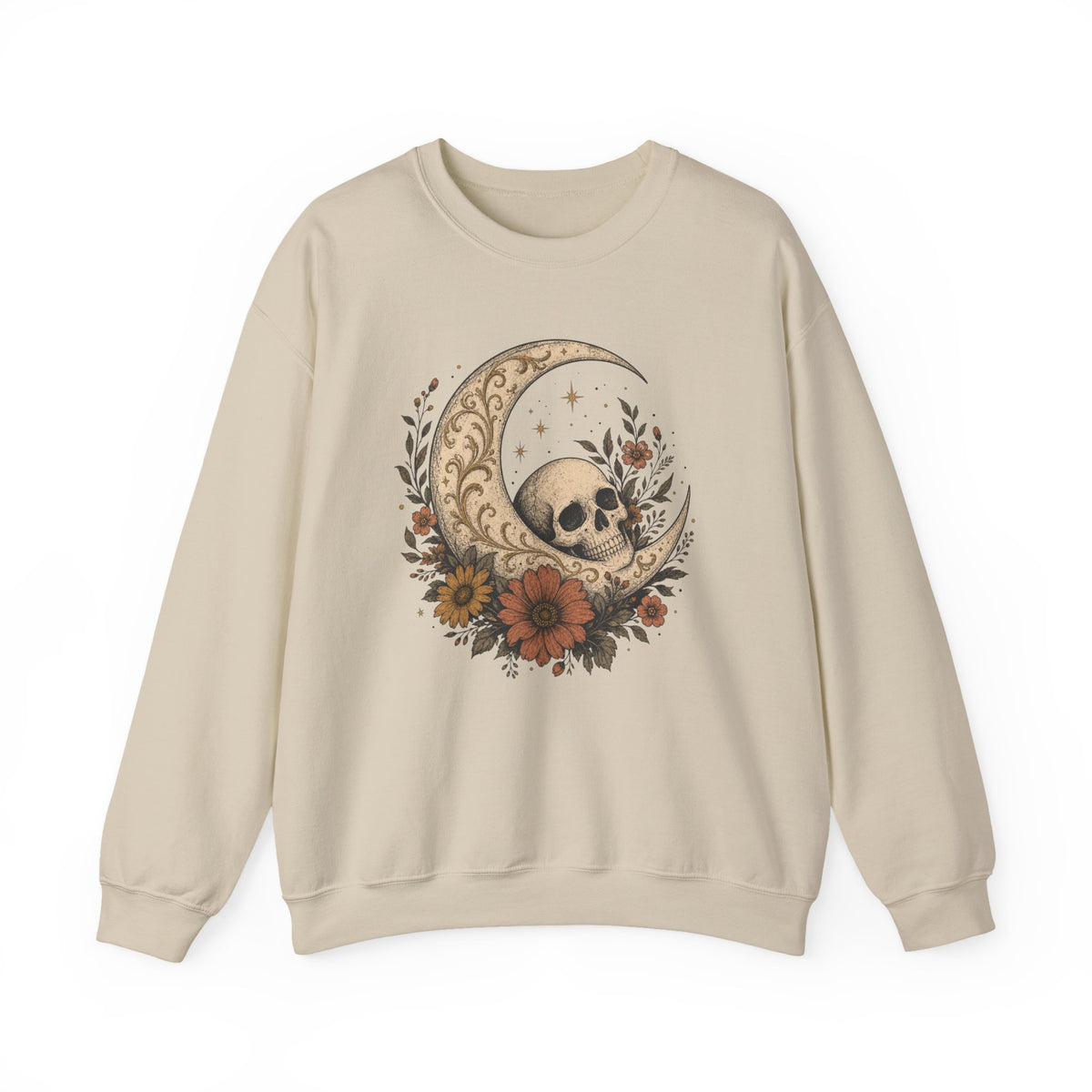 Skull Crescent Moon Floral Sweatshirt | Gothic Boho Moon Skull