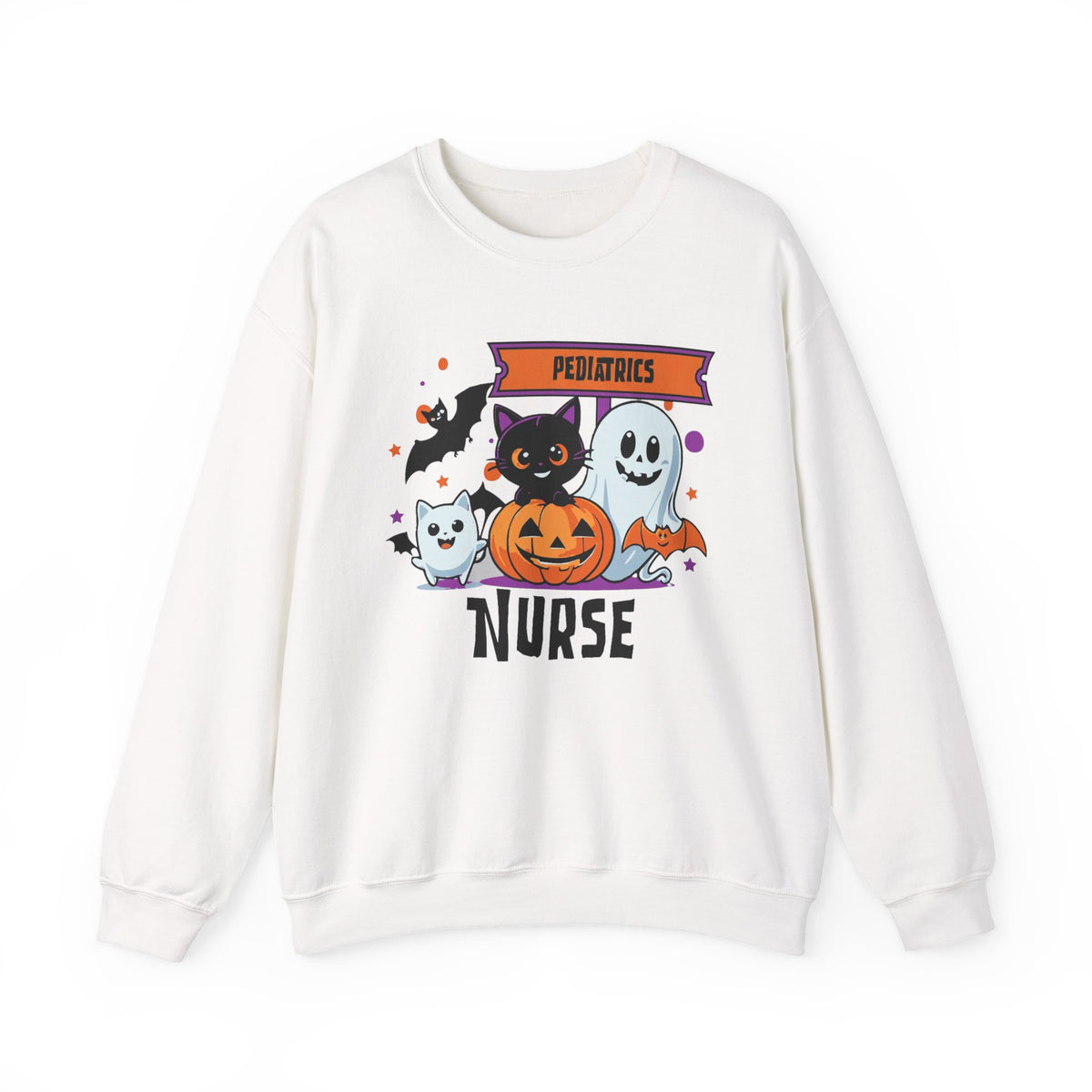 Pediatrics Halloween Nurse Sweatshirt | Cute Ghosts, Cat & Pumpkin