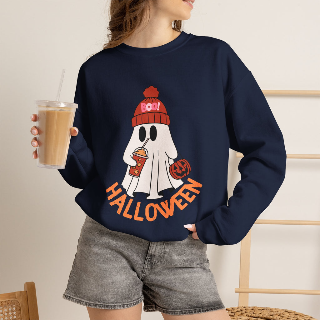 Cute Ghost wearing BOO beanie with iced coffee and trick or treat pumpkin Halloween Sweatshirt