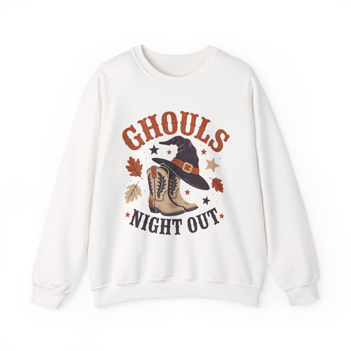 Ghouls Night Out Sweatshirt | Witch Hat & Western Cowboy Boots Halloween Crewneck