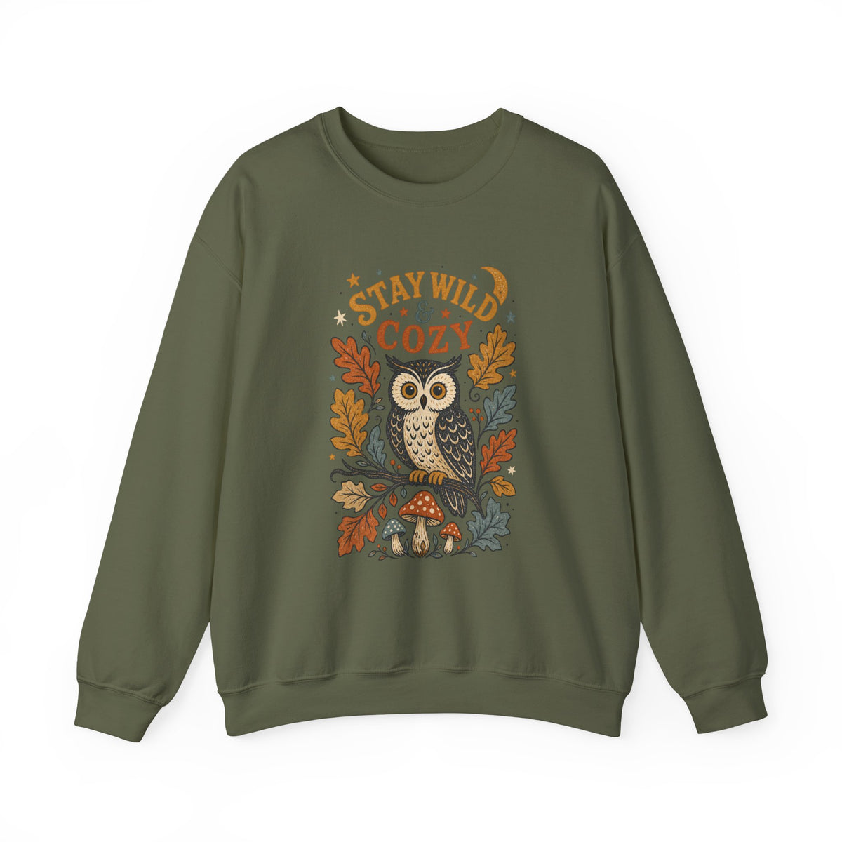 Stay Wild & Cozy Owl Sweatshirt | Autumn Leaves, Mushrooms
