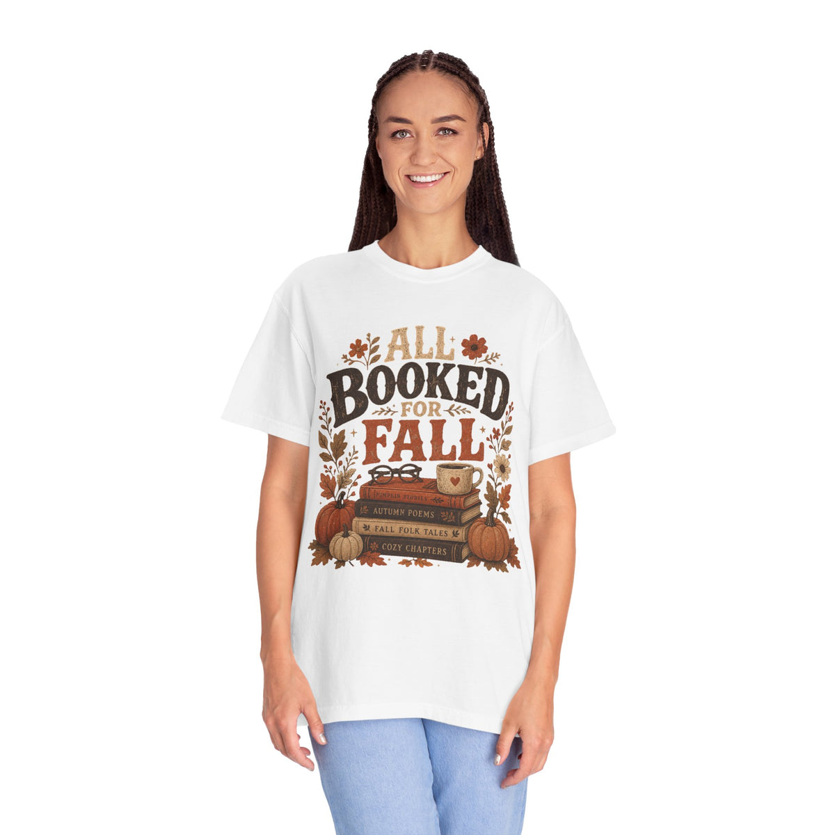 All Booked for Fall Comfort Colors T-shirt | Autumn Book Lover Tee, Pumpkin Stack Design