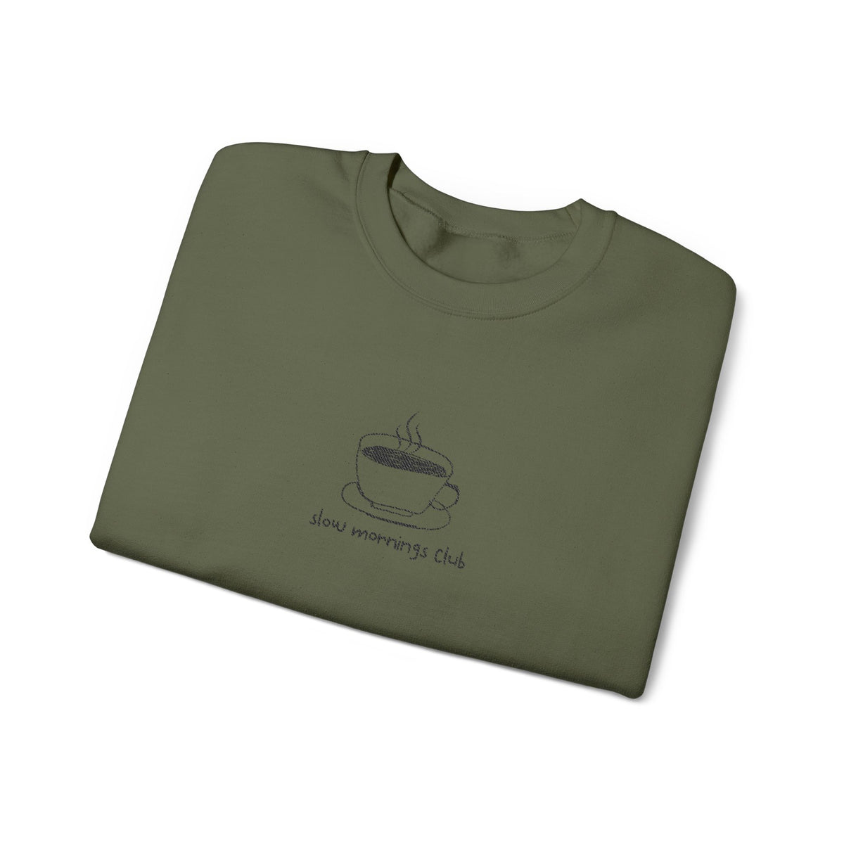 Embroidered Sweatshirt Coffee Mug | Hand-Drawn Coffee Cup Slow Mornings Club Crewneck Minimalist Design