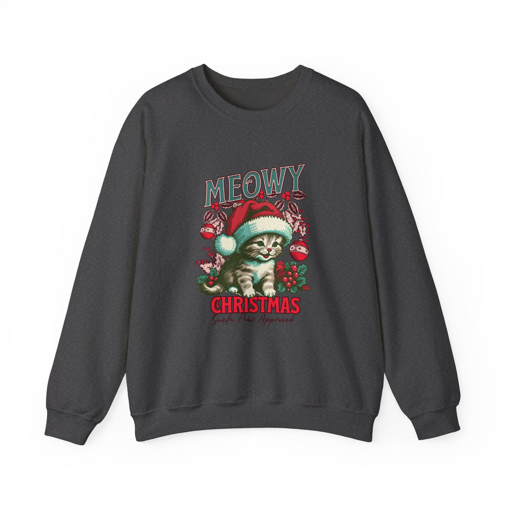 Meowy Christmas Cat Sweatshirt | Retro Holiday Kitty, Santa Hat, Ornaments
