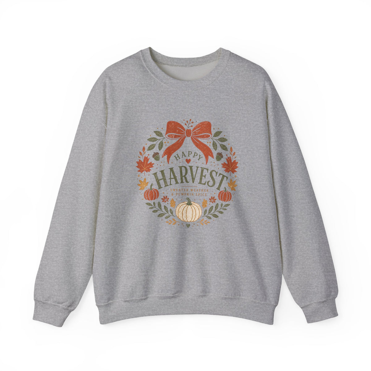 Happy Harvest wreath Crewneck sweatshirt | Fall pumpkin leaves bow