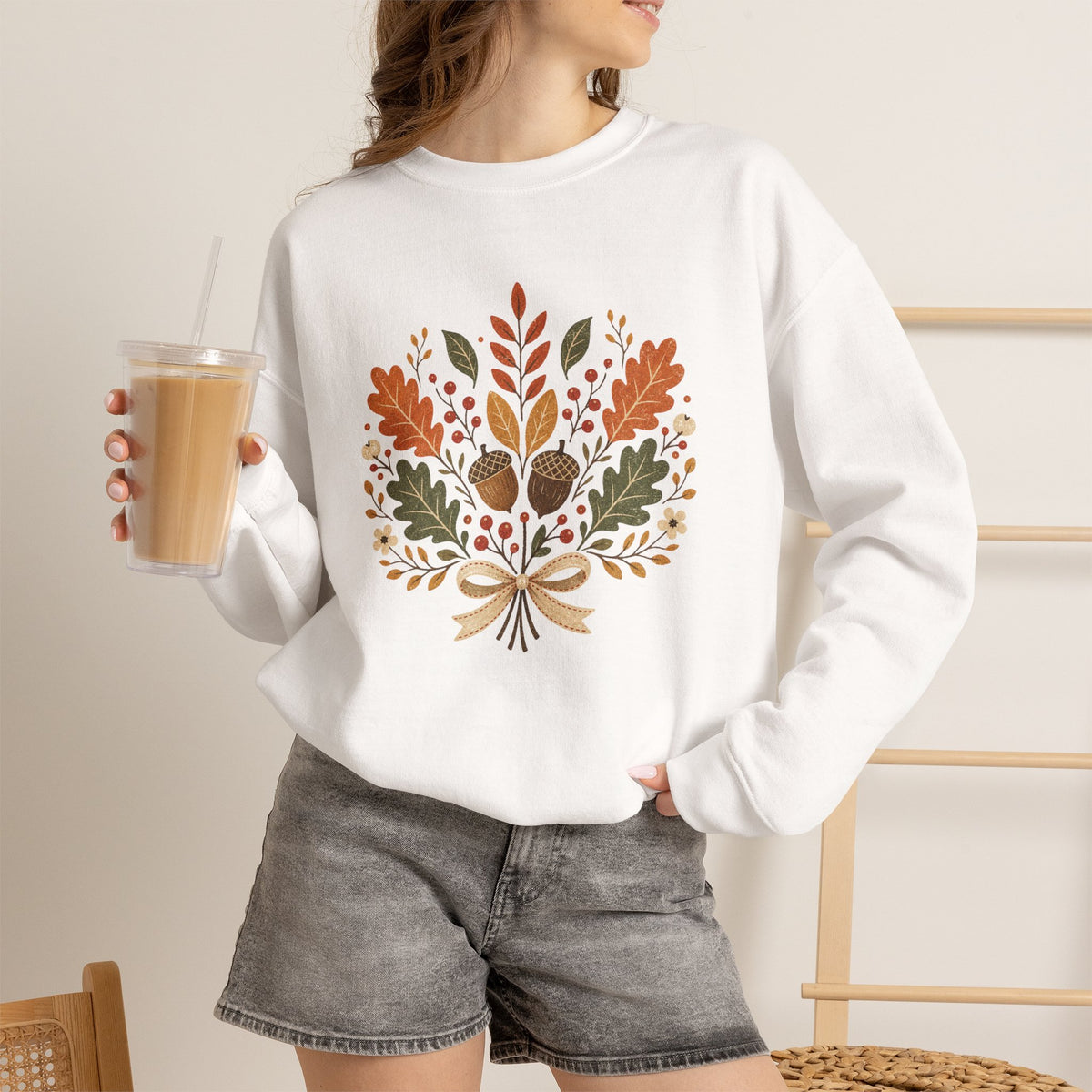Autumn Foliage Bouquet Sweatshirt | Fall Leaves Acorn Crewneck