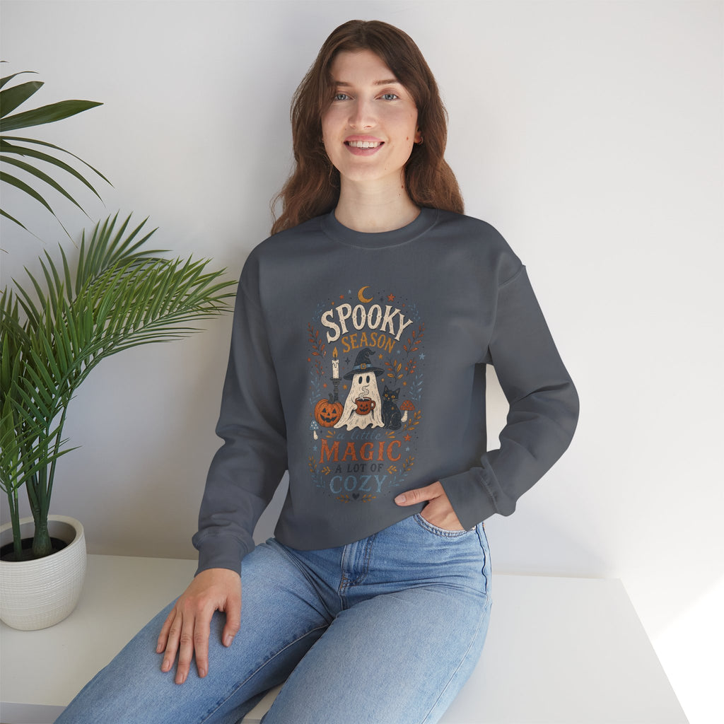 Spook Season Ghost with Witch Hat Cat Pumpkin Sweatshirt | Cozy Halloween Magic Autumn Botanicals