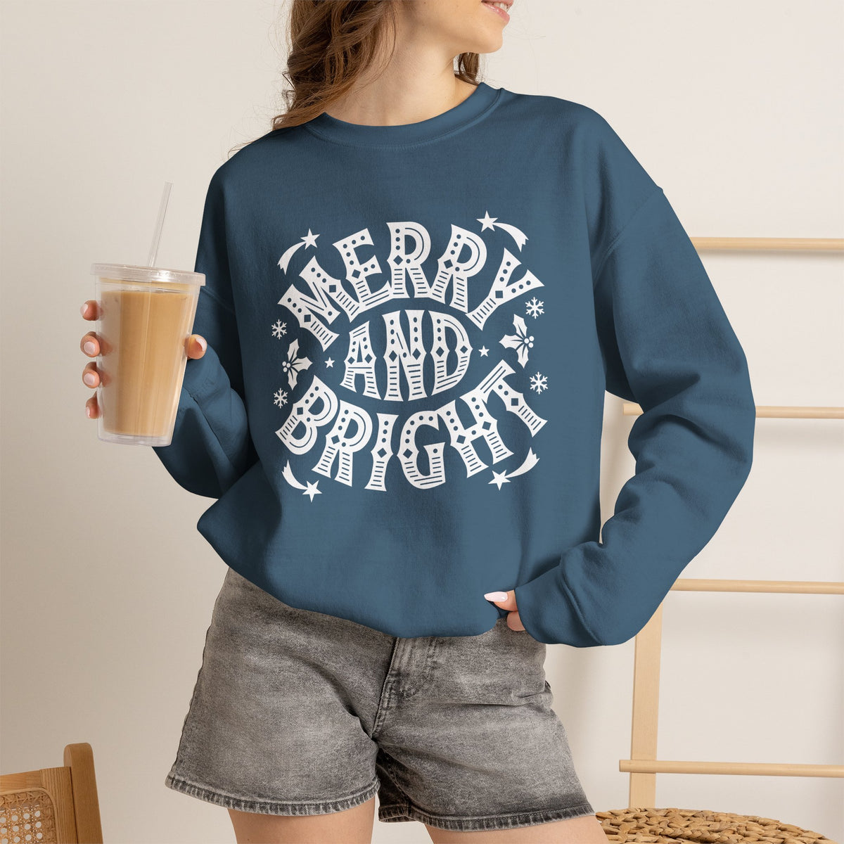 Christmas Sweatshirt Merry and Bright | Vintage Style Typography Holiday Crewneck Snowflakes Stars