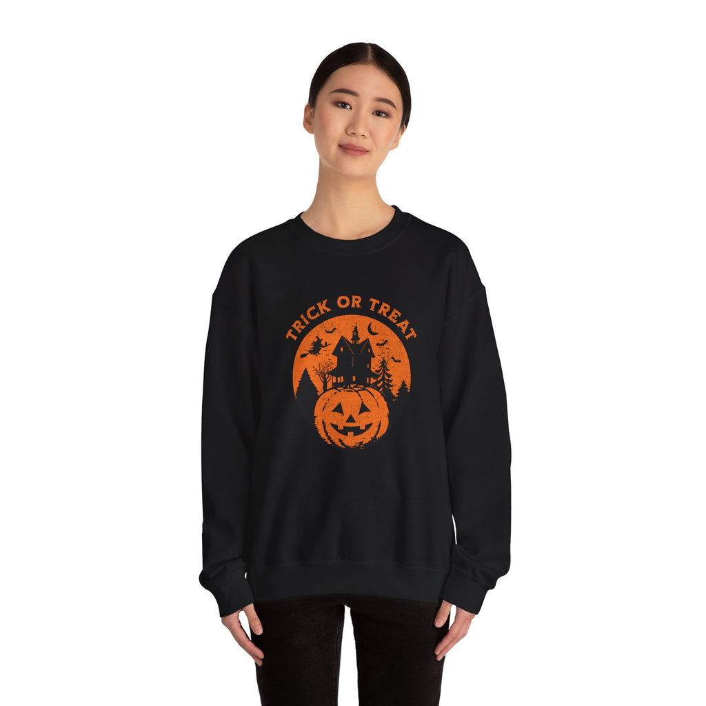 Trick or Treat Pumpkin Haunted House Sweatshirt | Halloween Spooky Haunted House Crewneck