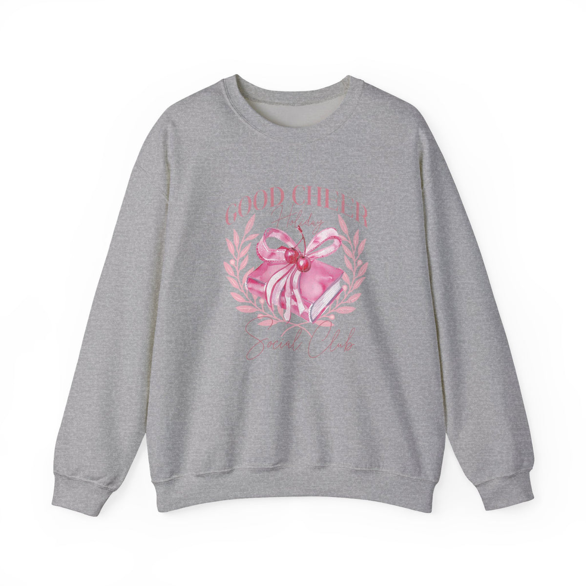 Christmas Sweatshirt Coquette Style | Good Cheer Social Club Pink Ribbon Wreath Holiday Cozy Crew