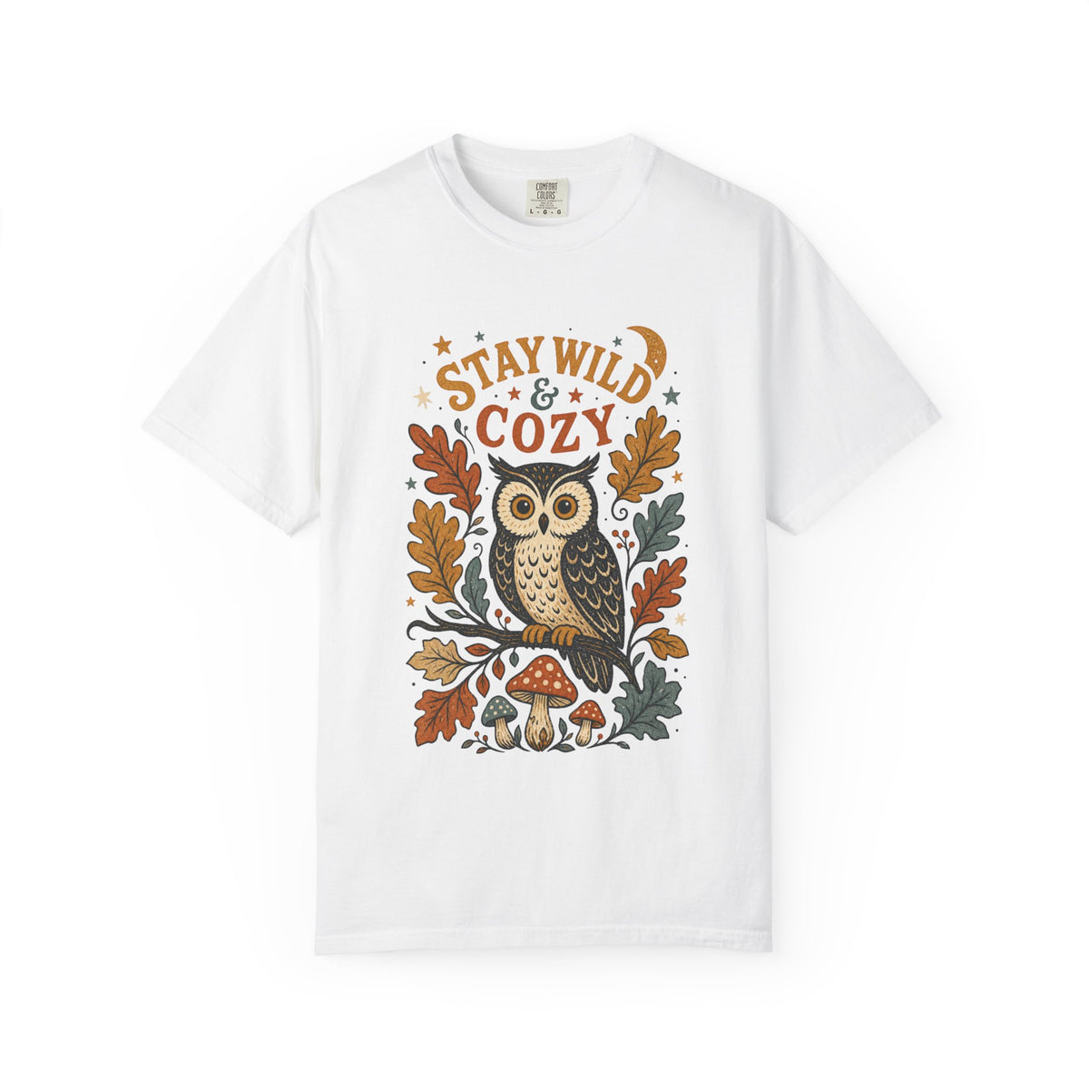 Stay Wild & Cozy Owl Illustration Comfort Colors T-Shirt | Autumn Leaves, Mushroom