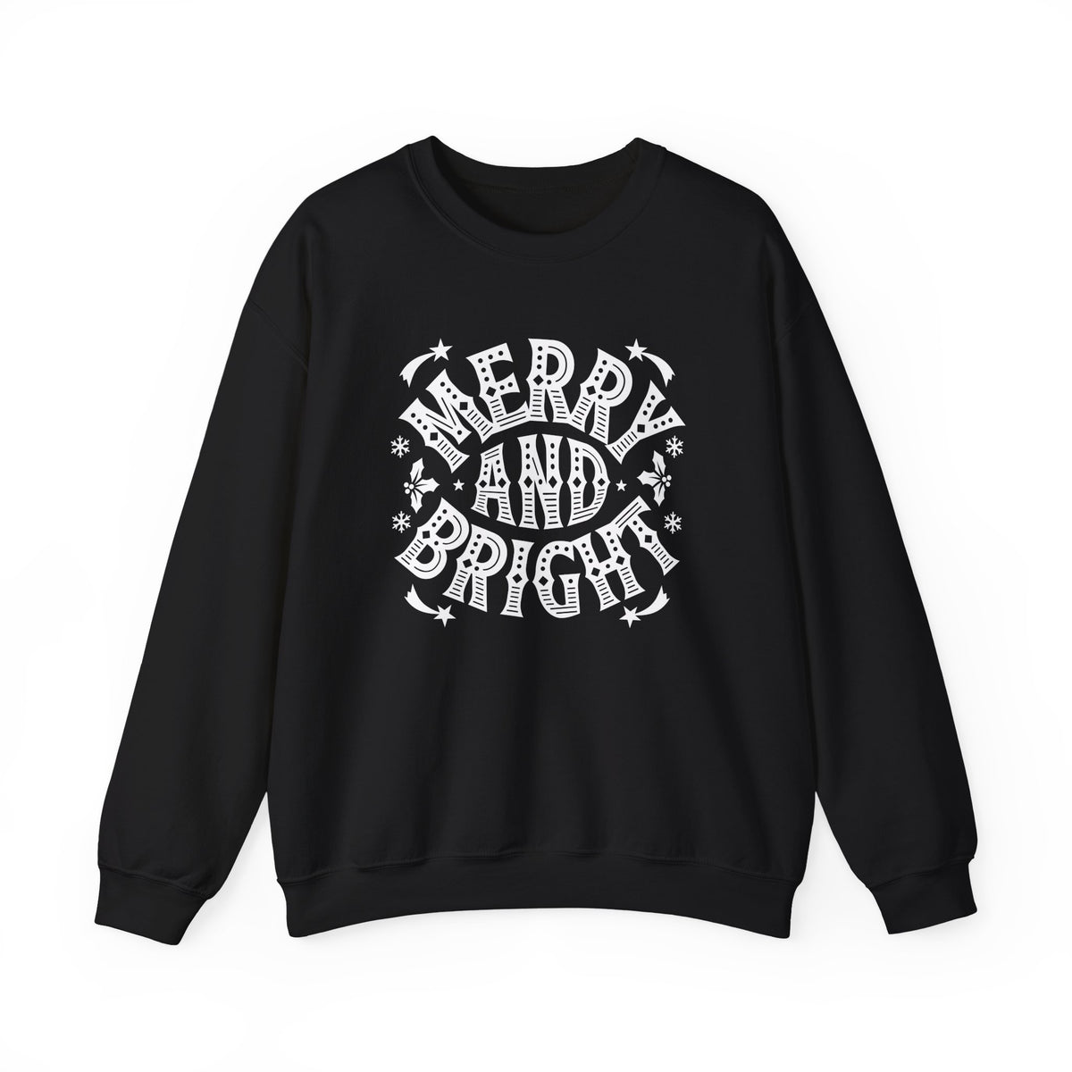 Christmas Sweatshirt Merry and Bright | Vintage Style Typography Holiday Crewneck Snowflakes Stars