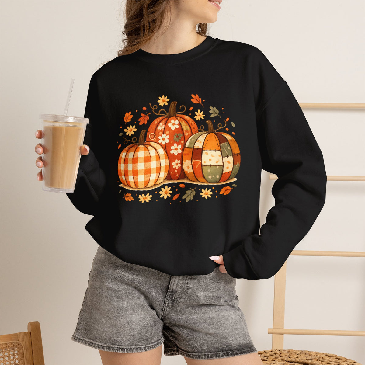 Patchwork Pumpkins Crewneck Sweatshirt | Autumn Plaid Pumpkin Trio