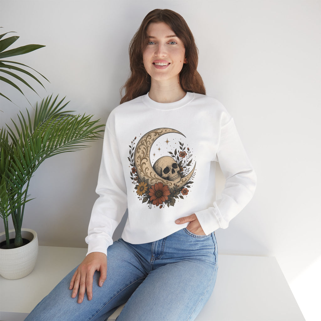 Skull Crescent Moon Floral Sweatshirt | Gothic Boho Moon Skull