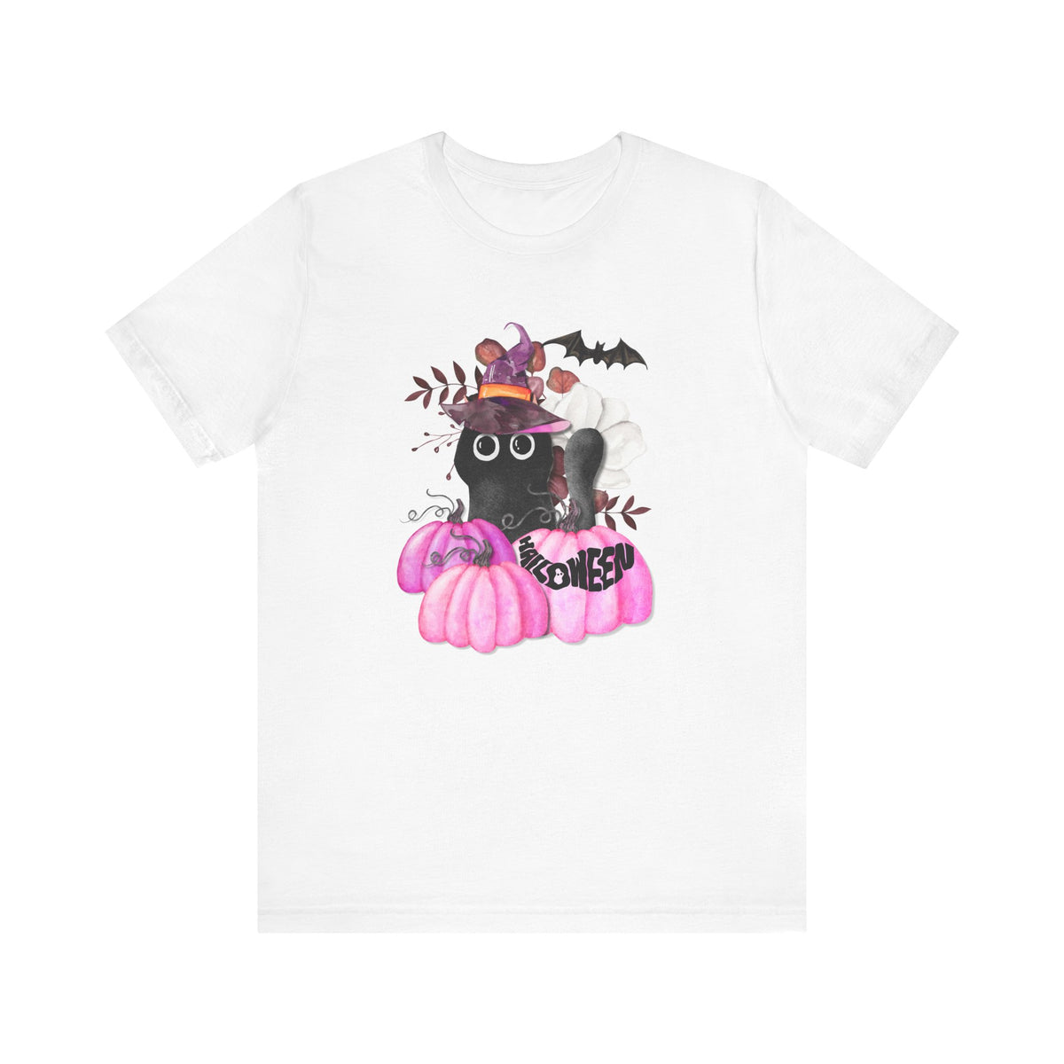 Black Cat Witch with Pink Pumpkins Tee | Halloween Cat Shirt