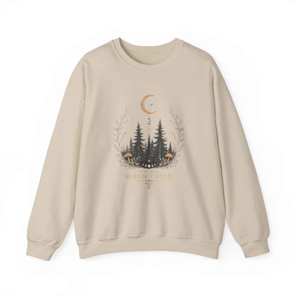 Moon Child forest moon sweatshirt | woodland trees mushrooms crescent moon