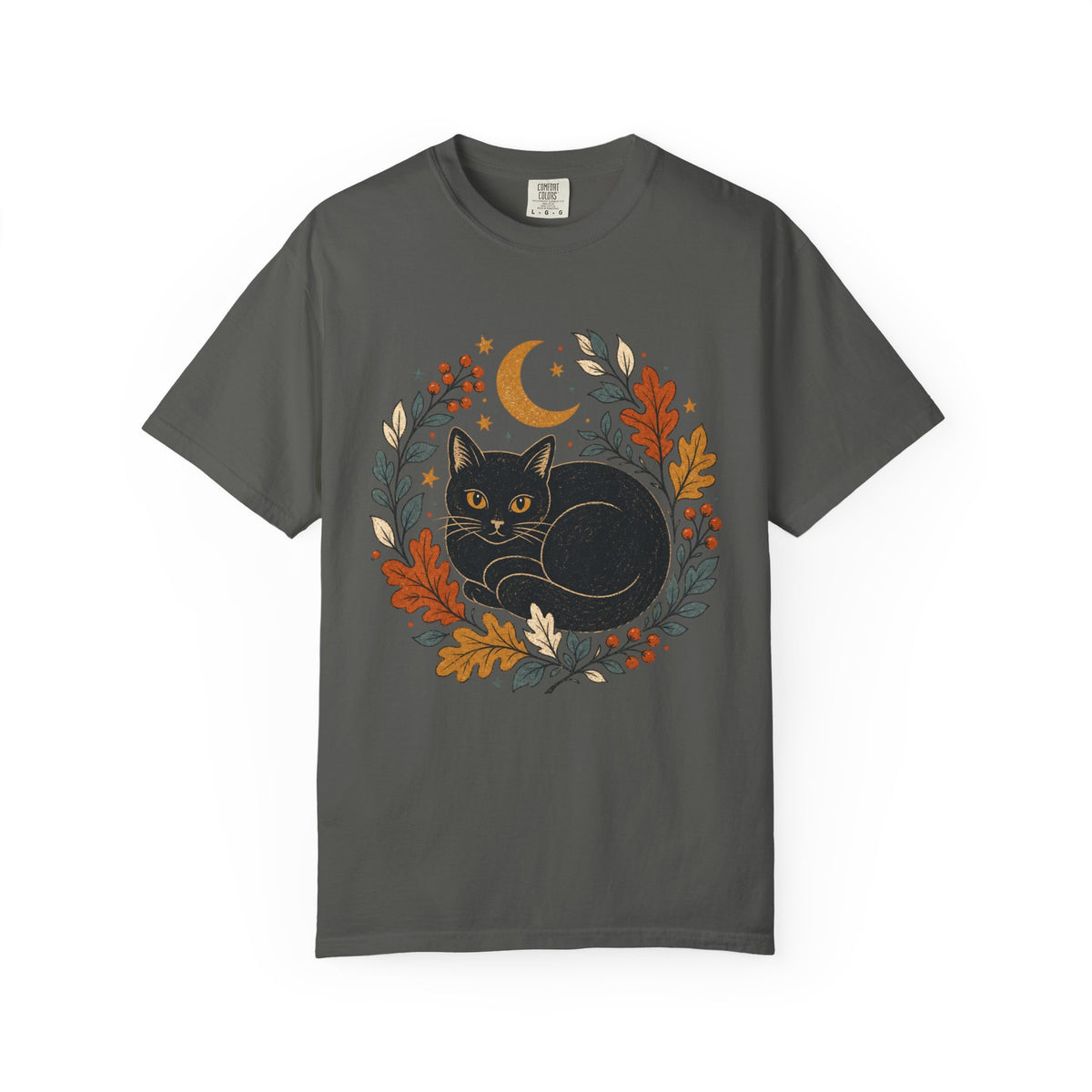 Black Cat Fall Wreath Comfort Colors T-shirt | Crescent Moon, Autumn Leaves