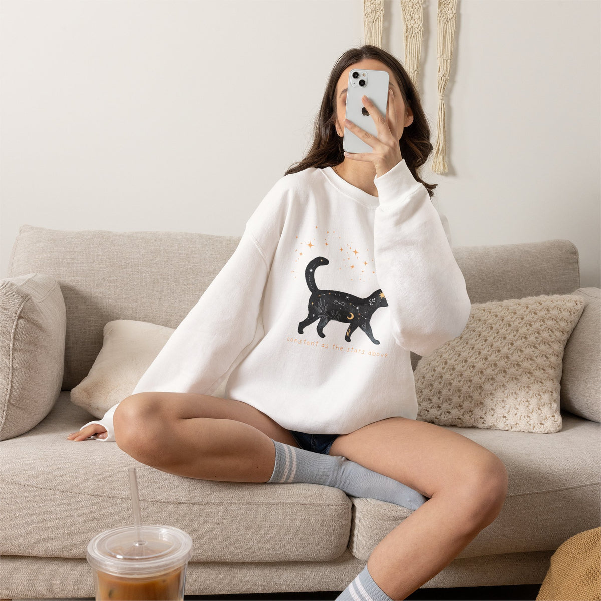 Halloween Sweatshirt | Black Cat Celestial Stars Illustration