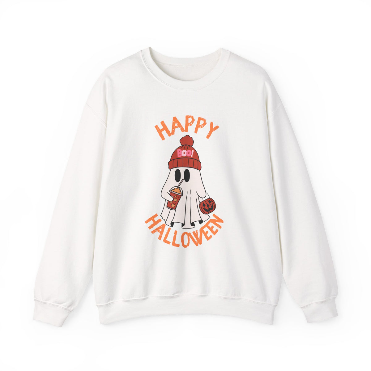 Happy Halloween Ghost Crewneck Sweatshirt | Cute Ghost with Pumpkin and drink