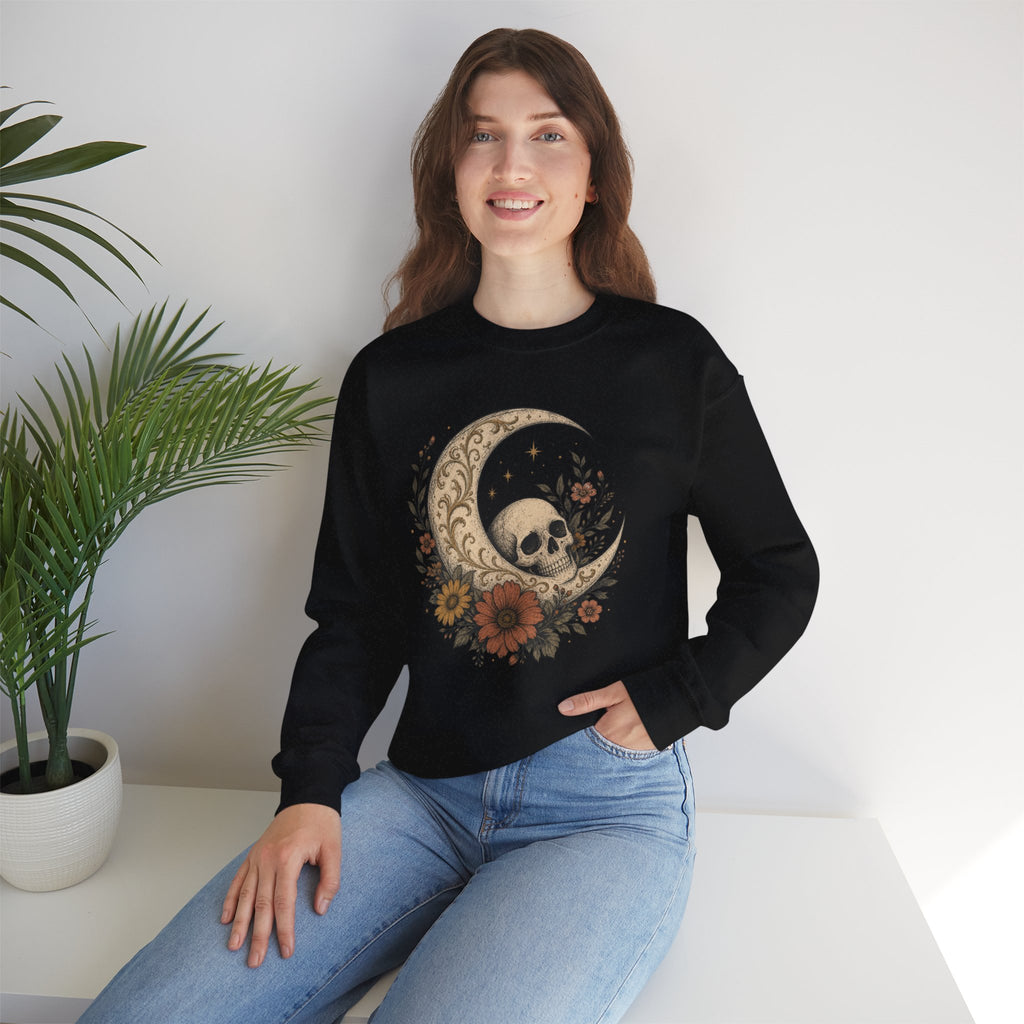 Skull Crescent Moon Floral Sweatshirt | Gothic Boho Moon Skull