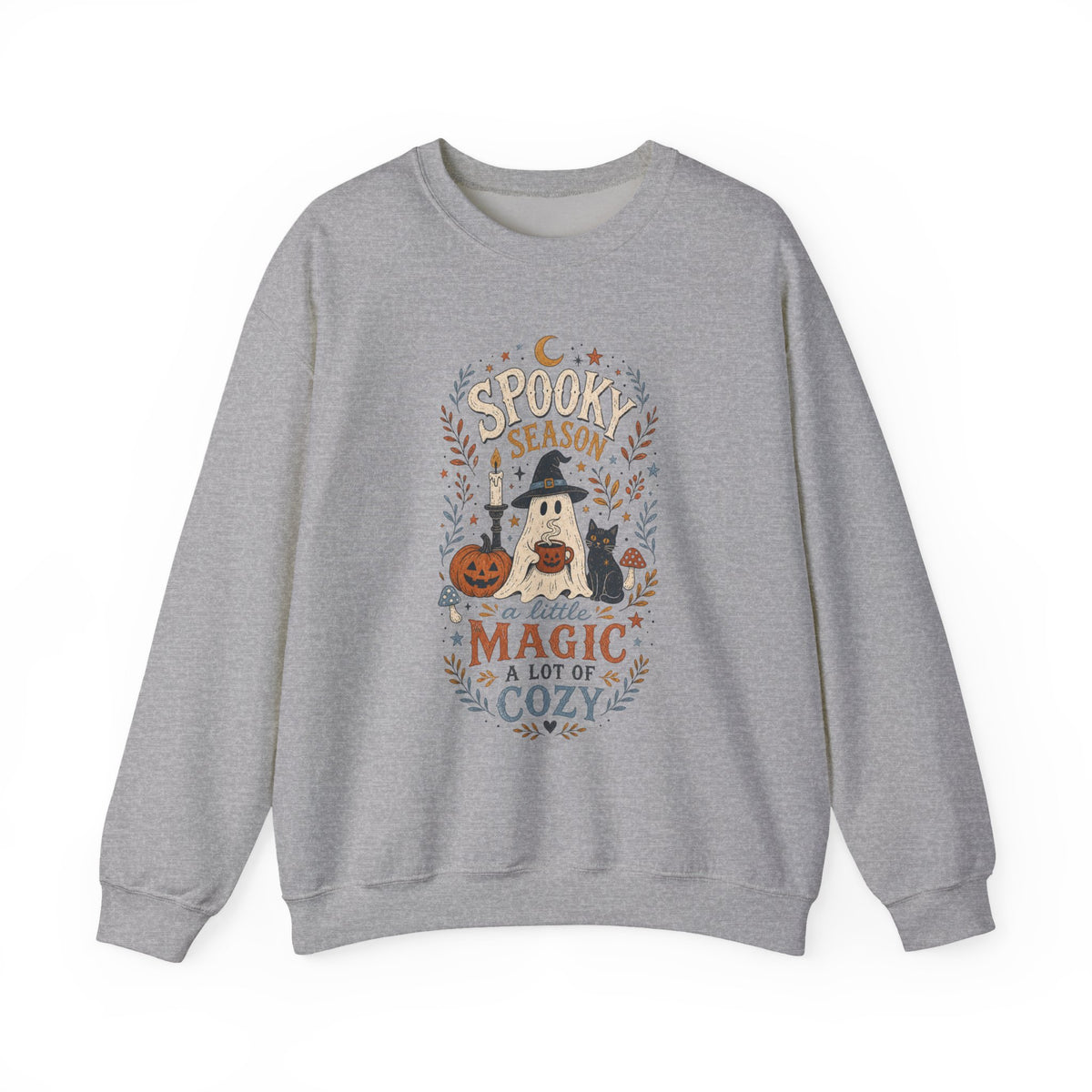 Spook Season Ghost with Witch Hat Cat Pumpkin Sweatshirt | Cozy Halloween Magic Autumn Botanicals