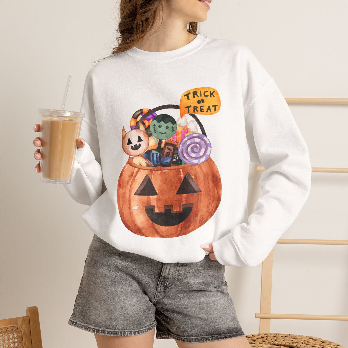 Halloween Pumpkin Candy Crewneck Sweatshirt — Trick or Treat Jack-O-Lantern Design