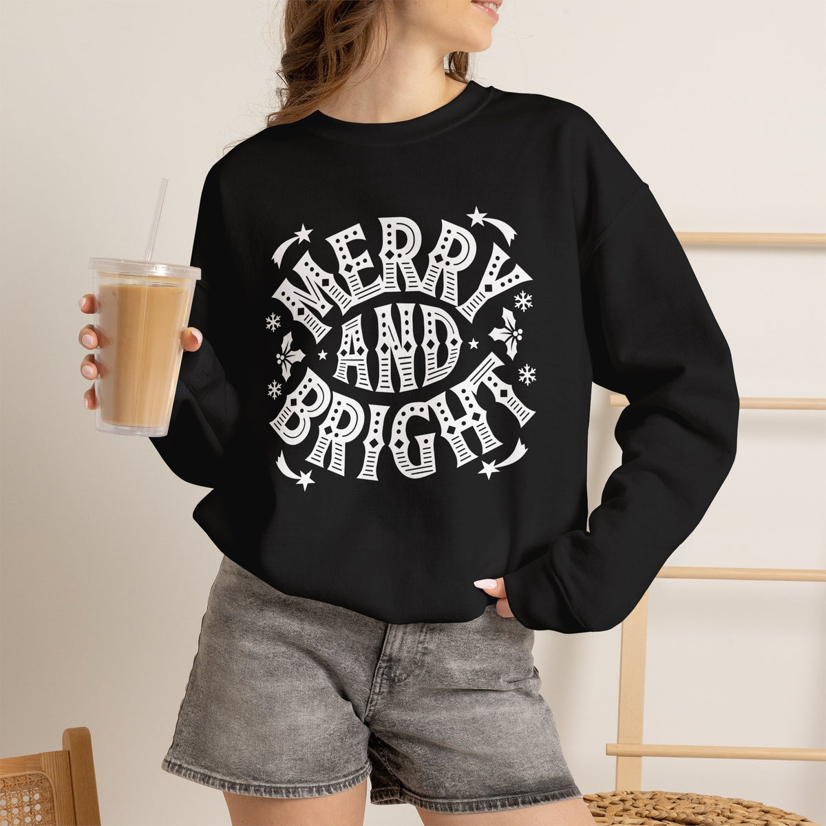 Christmas Sweatshirt Merry and Bright | Vintage Style Typography Holiday Crewneck Snowflakes Stars