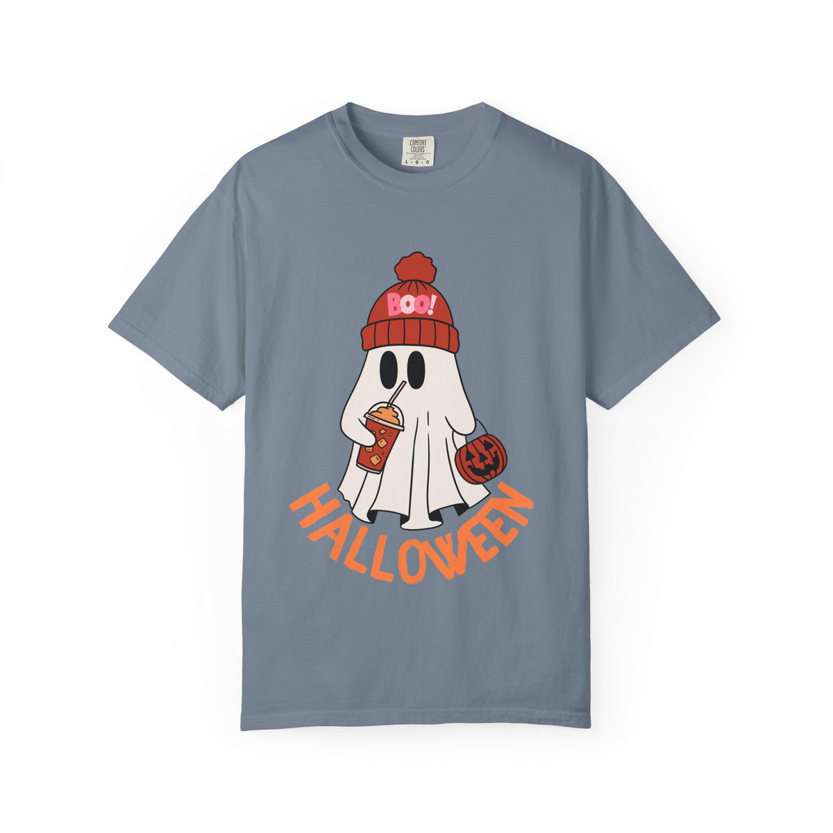 Cute Ghost Wearing BOO Beanie Halloween Comfort Colors T-shirt | Trick or Treat Pumpkin coffee Illustration